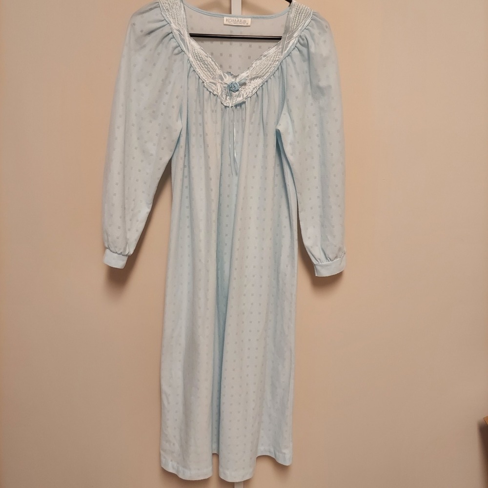 Komar Vintage‎ Nightgown Rosette Long Sleeve USA L Flannel Cottage Coquette